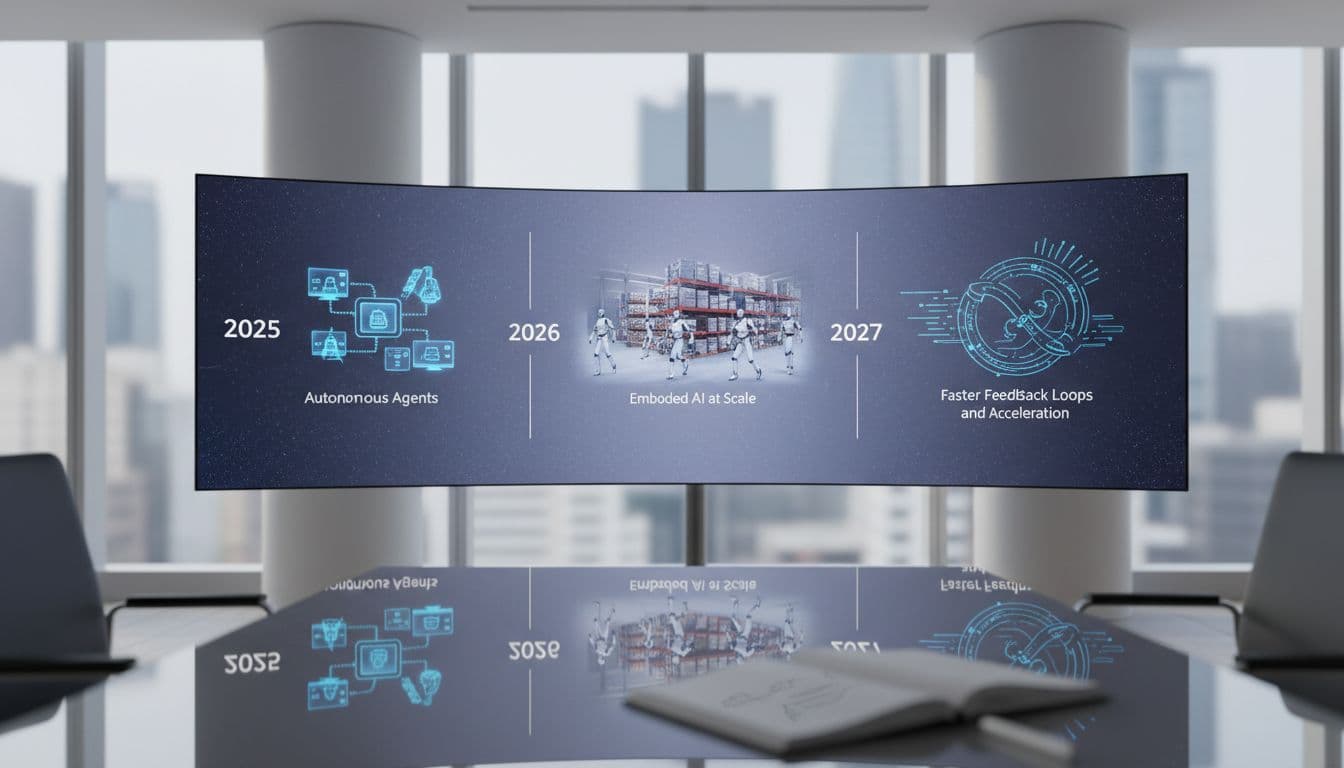 Timeline showing a simple view of agents now, embodied AI next, and faster acceleration after that
