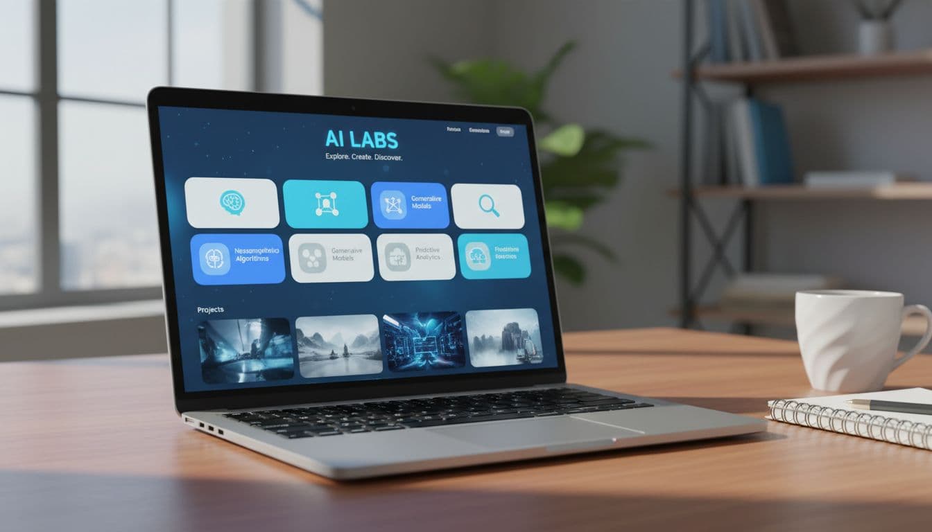 Laptop showing an AI labs homepage with experimental tool cards
