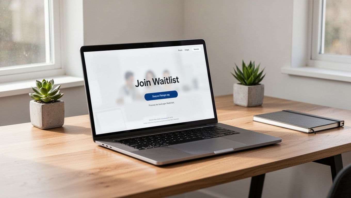 Photorealistic landscape image of a sleek open laptop on a clean modern wooden desk in a bright home office, screen showing blurred 'Join Waitlist' landing page, with potted plant and notebook nearby, natural daylight.
