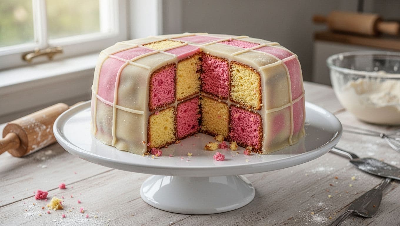 A beautifully sliced homemade Battenberg cake on a white cake stand reveals the classic pink and yellow checkerboard sponge interior wrapped in smooth white marzipan, with soft natural lighting and high detail on textures. One slice is slightly pulled away against a blurred kitchen table background, creating an appetizing food photography scene.