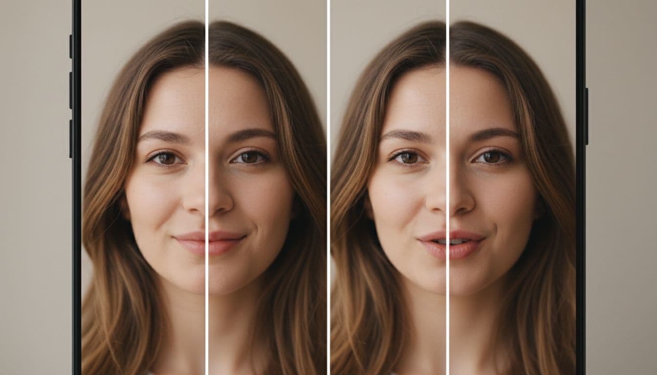 Photorealistic smartphone screen showing a static smiling young woman portrait on the left and the animated version with speaking mouth and head movements on the right.
