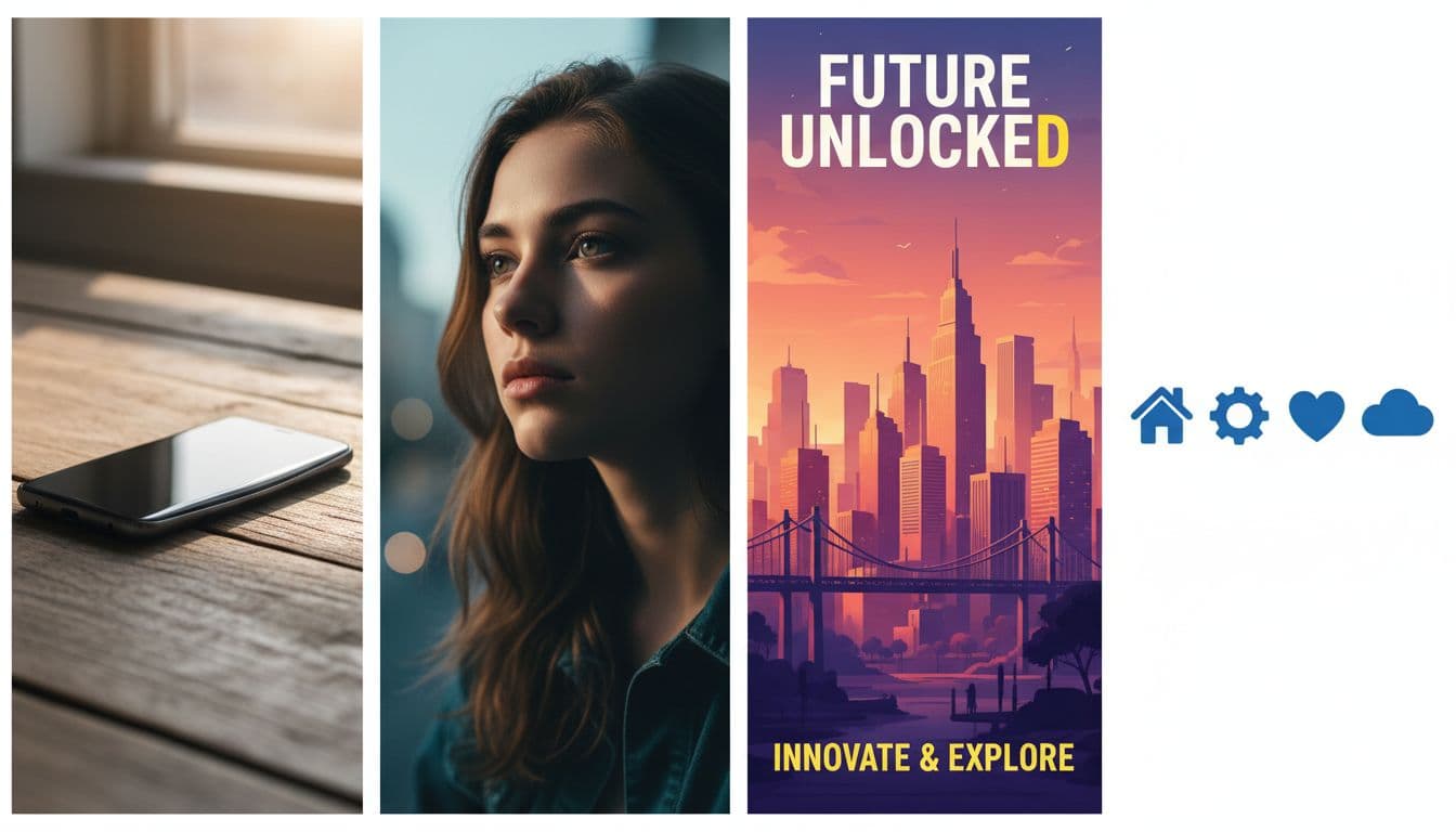 Landscape collage of four photorealistic AI-generated images side by side: sleek smartphone on wooden table, cinematic young woman portrait, vibrant cityscape poster, and minimalist blue vector icons.