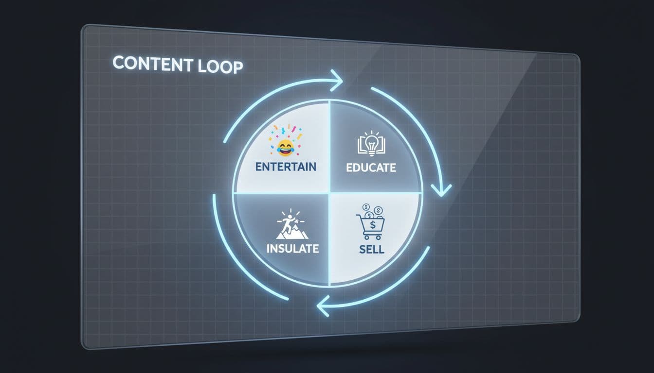 Content loop diagram: entertain, educate, sell, inspire