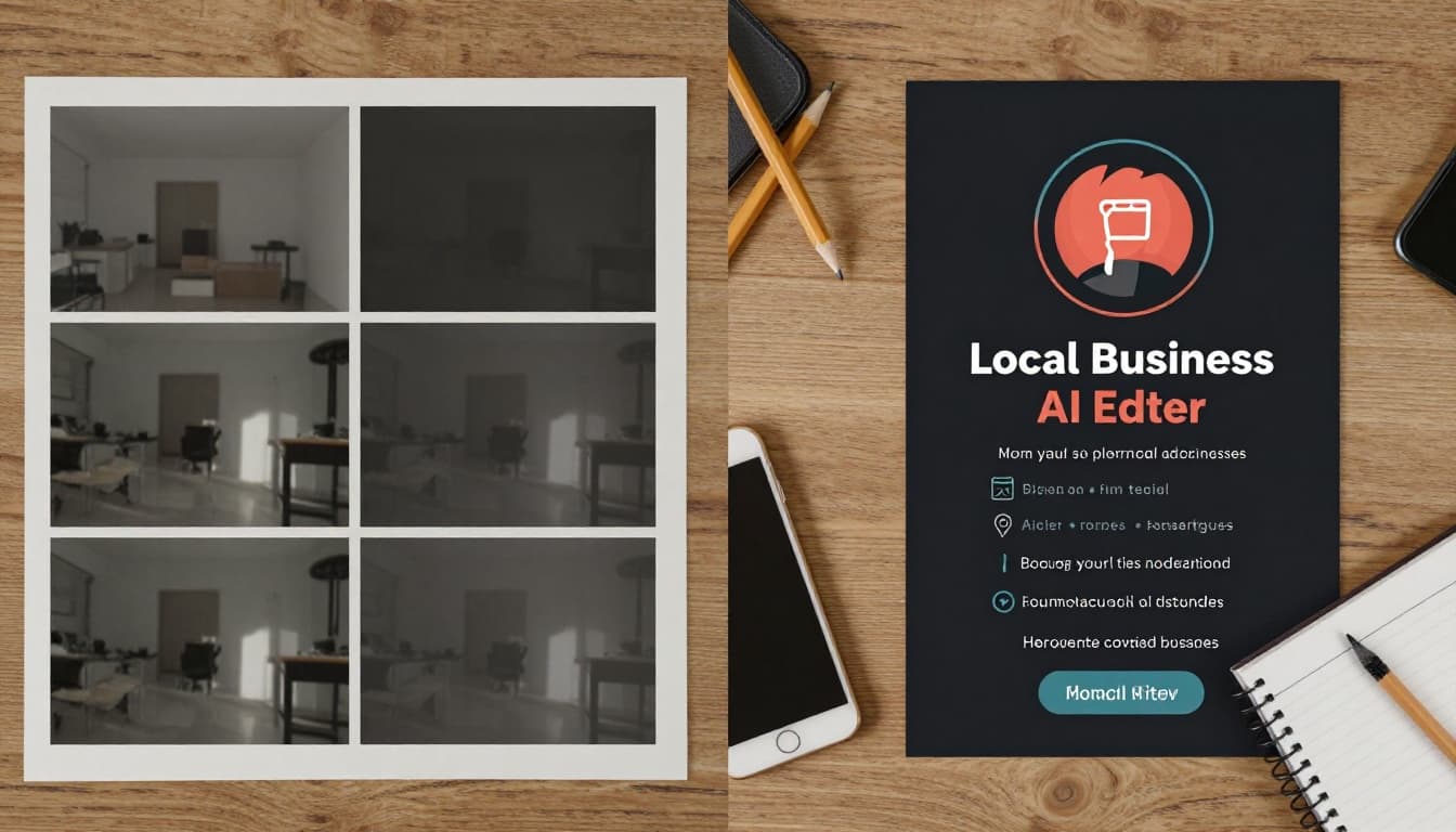 A photo-realistic storyboard on a wooden desk under soft lighting displays before and after views of a short social media video for a local business, with raw footage clips on the left and polished AI-edited version with captions and graphics on the right. Creative elements like pencils, phone, and notebook surround it for an agency feel, featuring detailed panels, natural shadows, and realistic paper texture.