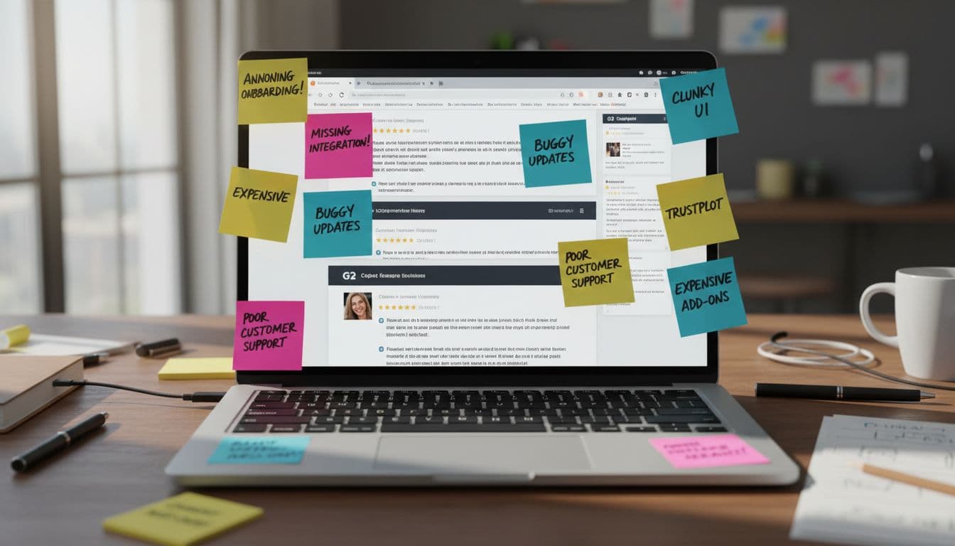 Photo-realistic cluttered desk with laptop showing G2 reviews and colorful sticky notes listing pain points like annoying onboarding and missing integration.