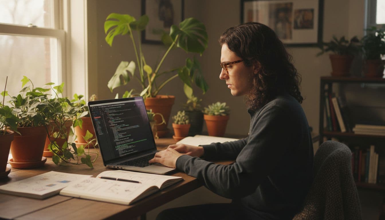 Developer reviewing a pull request on a laptop