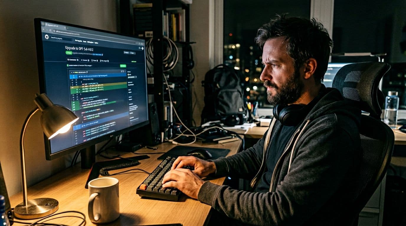 Software engineer in dimly lit office reviewing a GitHub pull request with GPT-5.4 highlighted in code