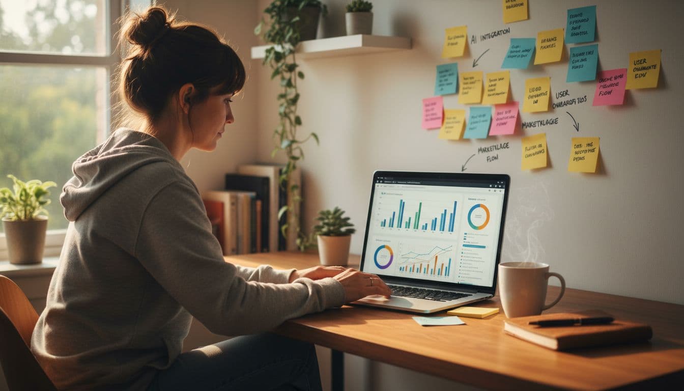 Solo founder working on SaaS dashboards at a desk