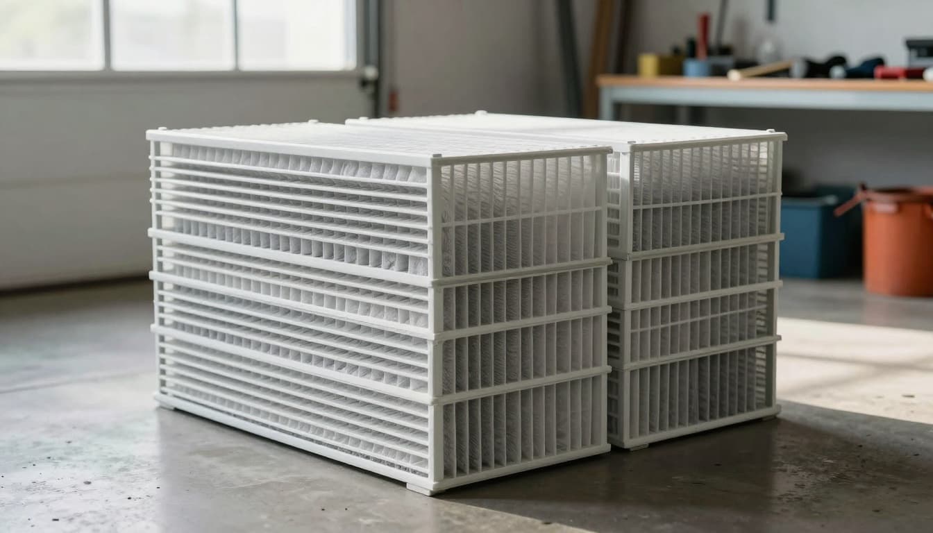 Photo-realistic image of a neatly stacked pile of HVAC air filters in a modern garage workshop with soft natural daylight and tools in the background.