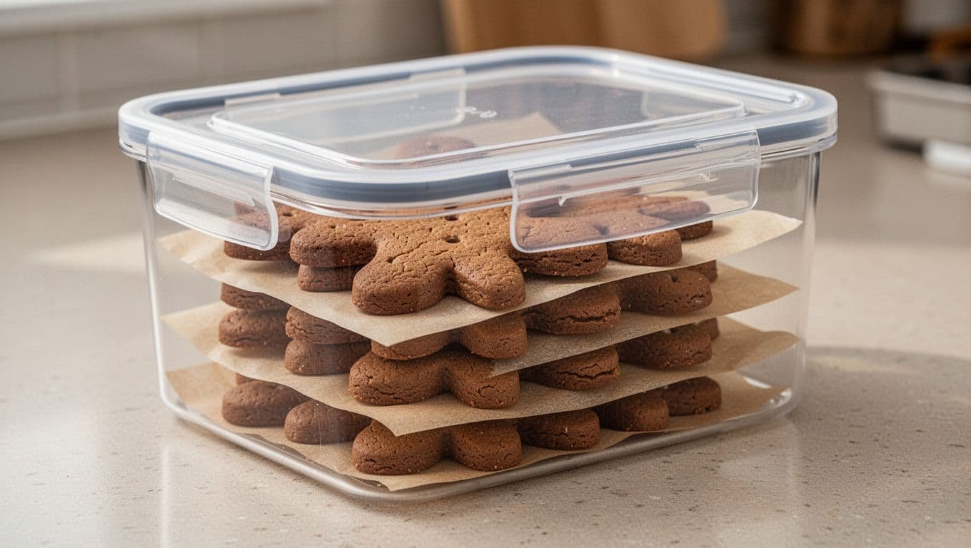 A stack of undecorated homemade gingerbread men cookies sits inside a clear airtight plastic storage container, with parchment paper layers between stacks to prevent sticking. The lid is slightly ajar, placed on a kitchen counter with soft even lighting for a realistic product shot.
