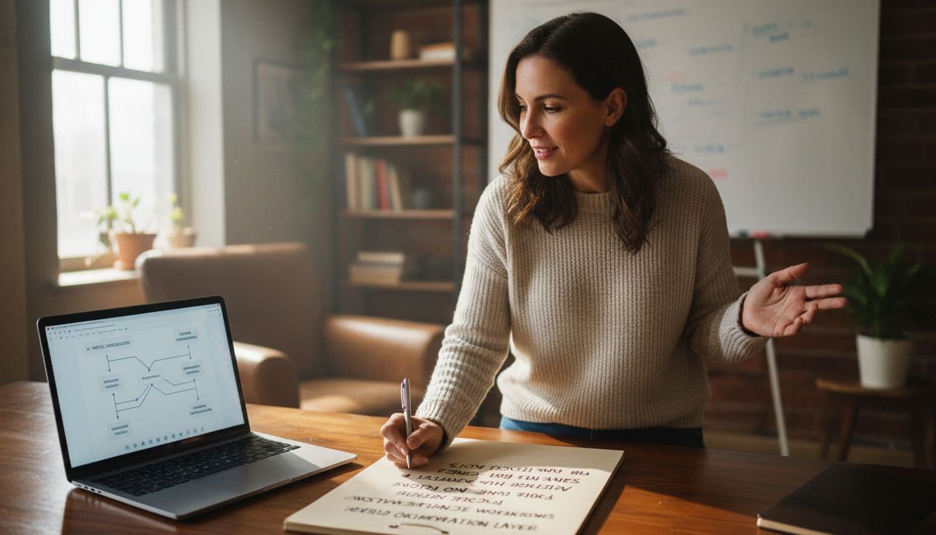 Photo-realistic depiction of a startup founder in a cozy office, thoughtfully writing key lessons for future SaaS builds on a notepad, such as validating with paid pilots and focusing on compliance workflows, with a laptop nearby showing AI integrations and diagrams.
