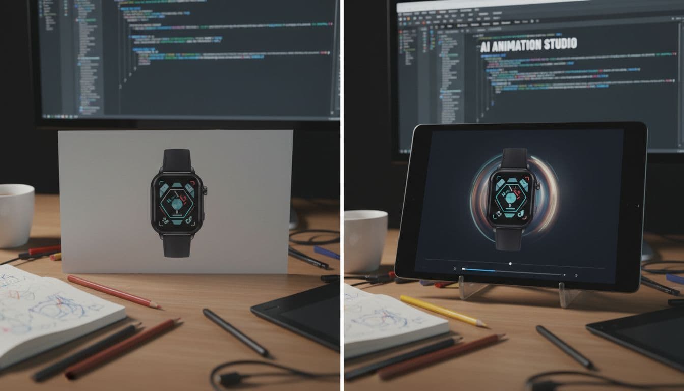 Photo-realistic split-image on a creative desk showing a static printed product mockup evolving into an animated video on a tablet.
