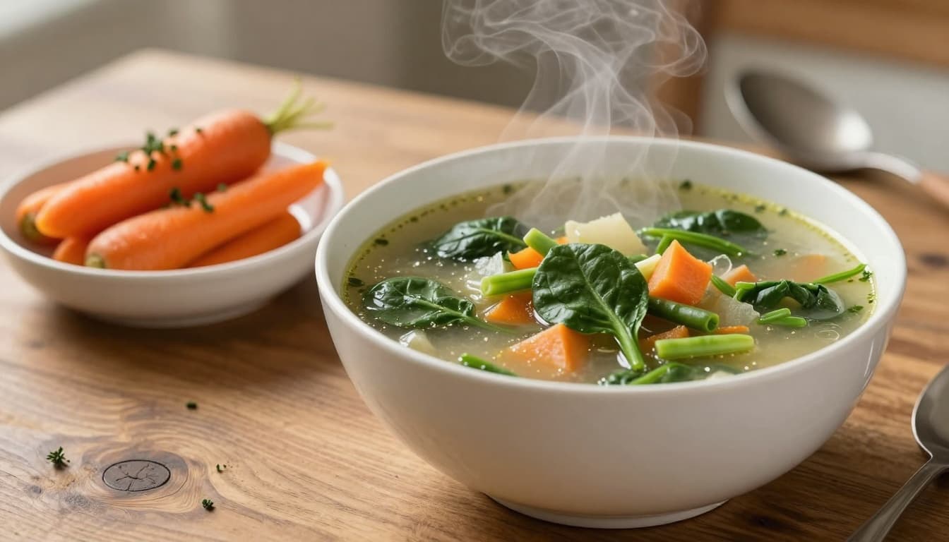 Photo-realistic image of a steaming bowl of homemade vegetable soup on a rustic wooden table, next to a small white bowl of herb-garnished cooked carrots. Warm steam rises, showcasing fresh spinach and green beans, in soft natural lighting with a cozy kitchen background.