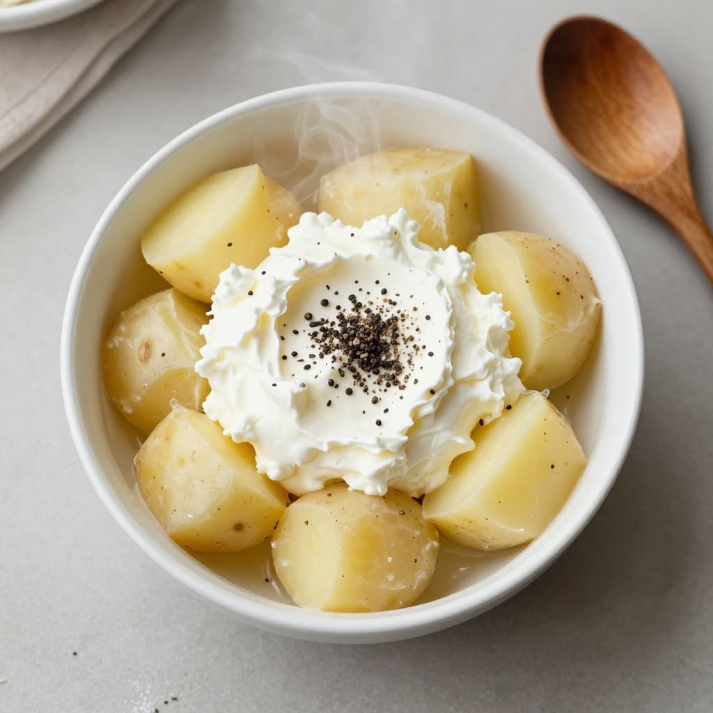 Photo-realistic overhead shot of a white ceramic bowl filled with thick white curd mixed with skin-on boiled potato chunks, sprinkled with black cumin seeds, black pepper, and salt, with slight steam rising.