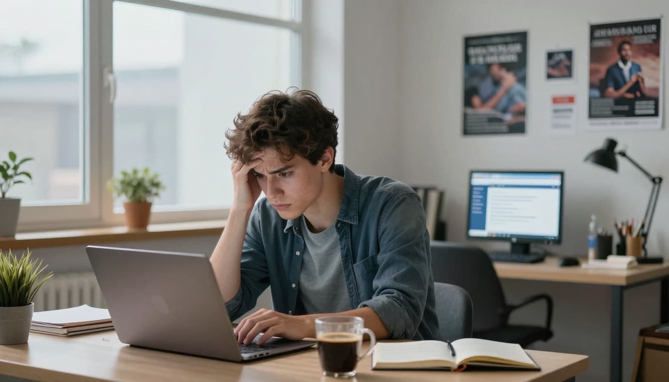 Gen Z job seeker exhausted at laptop surrounded by job tabs and rejections. Image created with AI. Gen Z job seeker exhausted at laptop surrounded by job tabs and rejections. Image created with AI.
