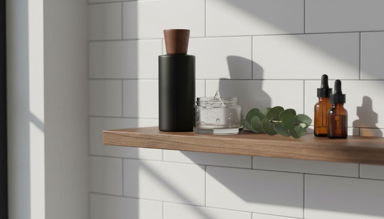 Natural men’s grooming products on a bathroom shelf