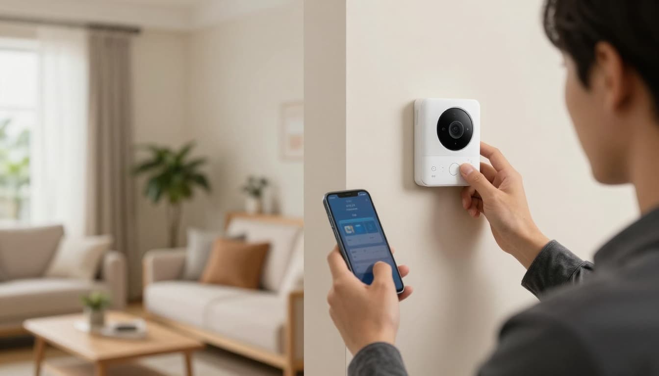 Photorealistic image of a technician installing a smart thermostat and camera on the wall in a modern living room, holding a smartphone. Cozy interior with furniture, plants, soft lighting, and detailed textures.