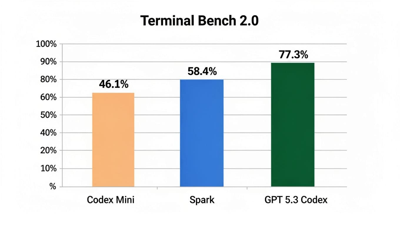 A professional bar chart in landscape orientation comparing Codex Mini (46.1%), Spark (58.4%), and GPT 5.3 Codex (77.3%) on Terminal Bench 2.0 scores, featuring a clean white background, thin grid lines, and bold percentage labels. A professional bar chart in landscape orientation comparing Codex Mini (46.1%), Spark (58.4%), and GPT 5.3 Codex (77.3%) on Terminal Bench 2.0 scores, featuring a clean white background, thin grid lines, and bold percentage labels.