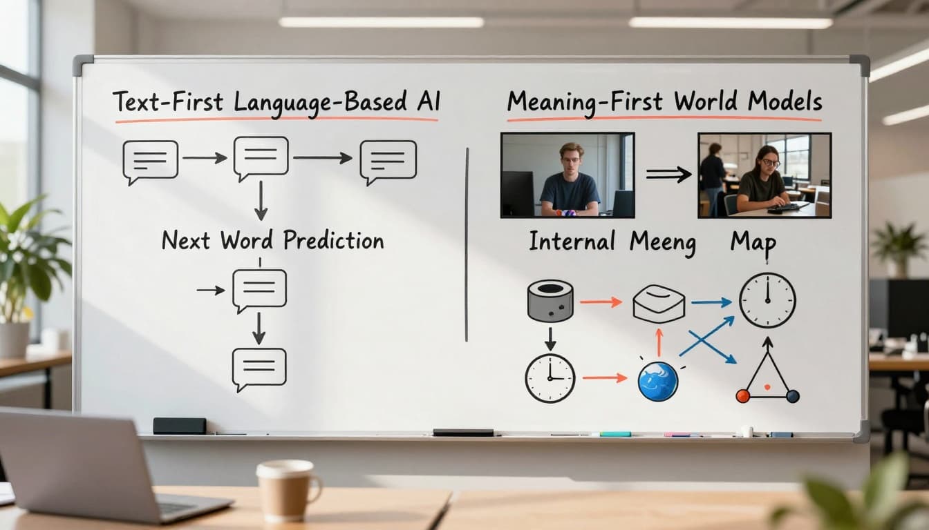 Whiteboard-style comparison of text-first models versus meaning-first world models