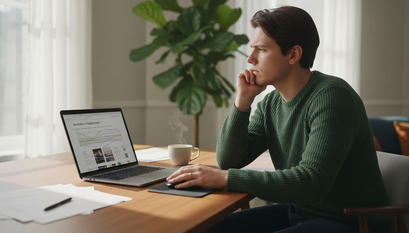 Photorealistic image of a young adult at a modern desk in a bright living room, intently viewing a blurred Amazon bestsellers page for digital ebooks on a laptop, with a thoughtful expression, hand on mouse, and coffee nearby.