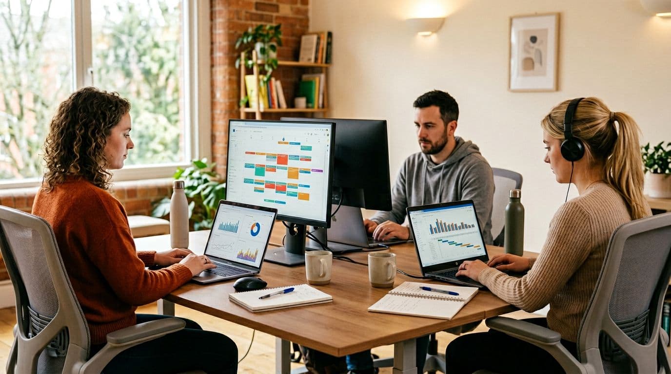Three virtual assistants working on computers managing short-term rental operations remotely