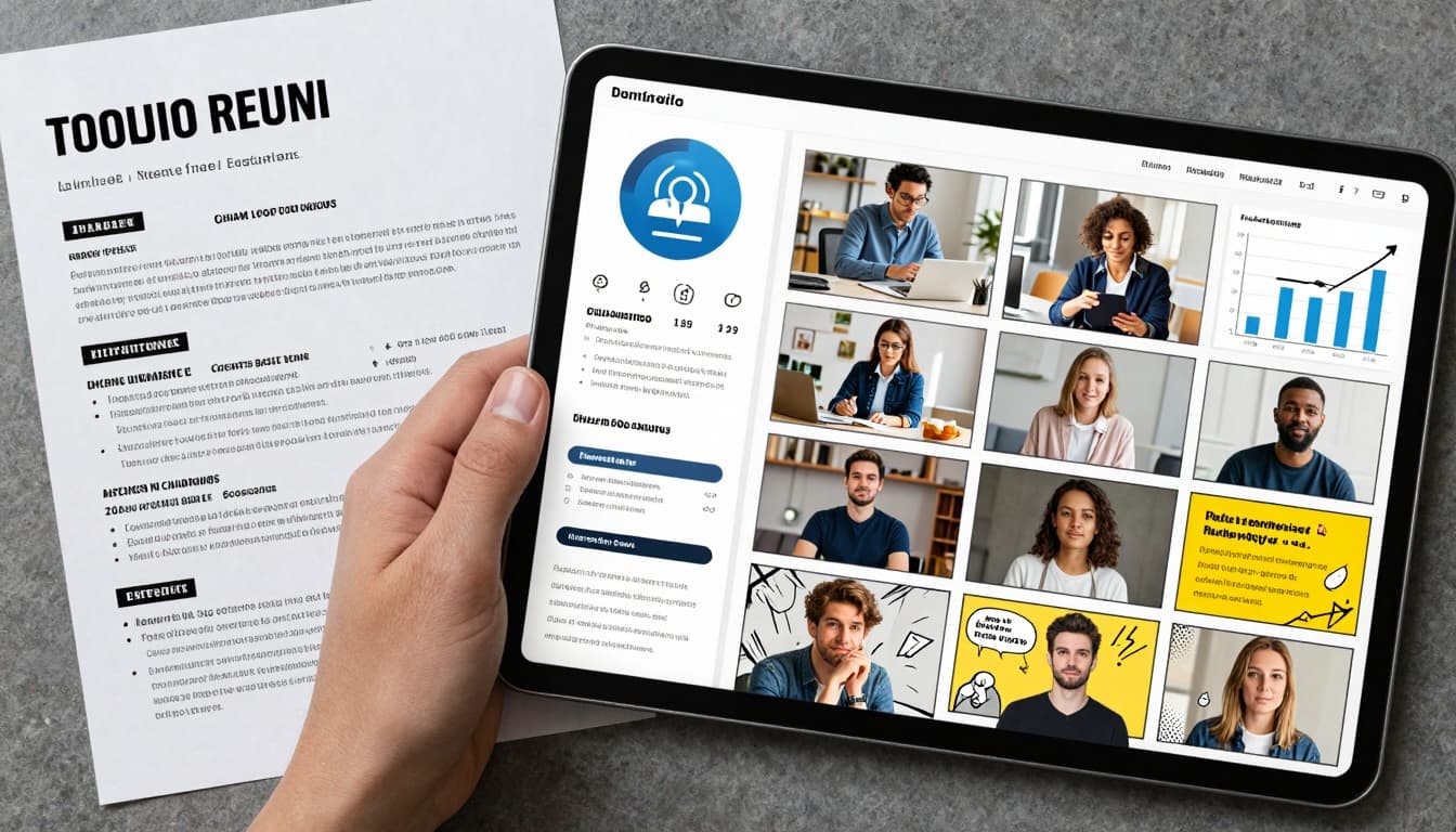 Split-screen comparison of a plain text resume on paper and a colorful digital portfolio on a tablet with project images and graphs. Image created with AI. Split-screen comparison of a plain text resume on paper and a colorful digital portfolio on a tablet with project images and graphs. Image created with AI.