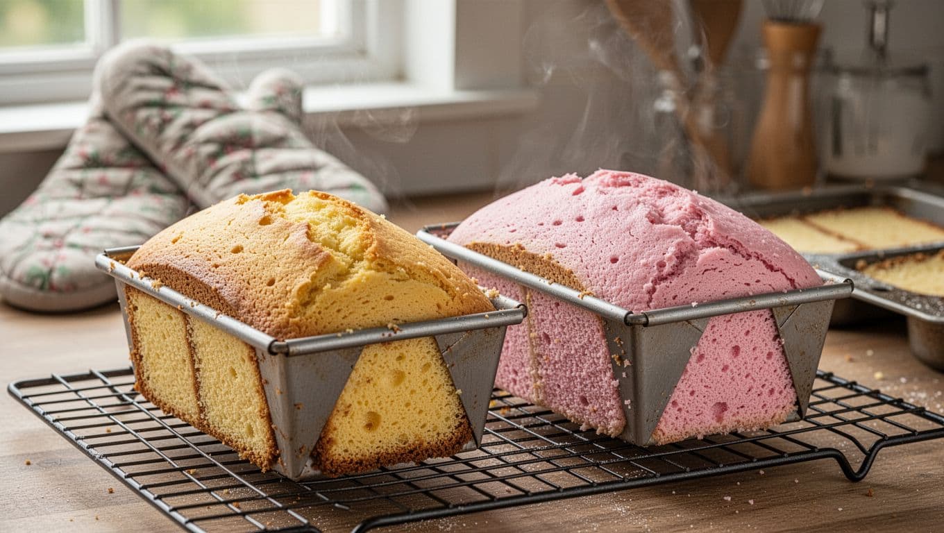 Two freshly baked Battenberg sponges, one golden yellow and one light pink, cooling in small loaf tins on a wire rack with subtle steam rising.