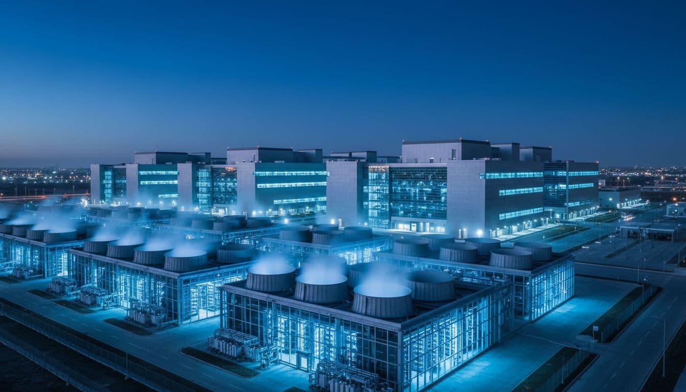 A vast modern data center facility at dusk with rows of cooling towers and glowing server halls in the foreground, massive scale building complex in the background under a clear sky.