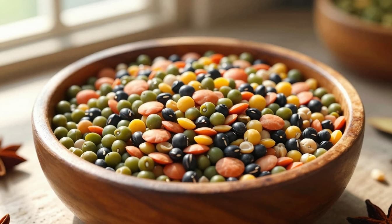A close-up photo of a wooden bowl filled with colorful Indian lentils like green moong, red masoor, black urad, yellow chana, and white urad dal, on a rustic kitchen table with natural sunlight and softly blurred background.