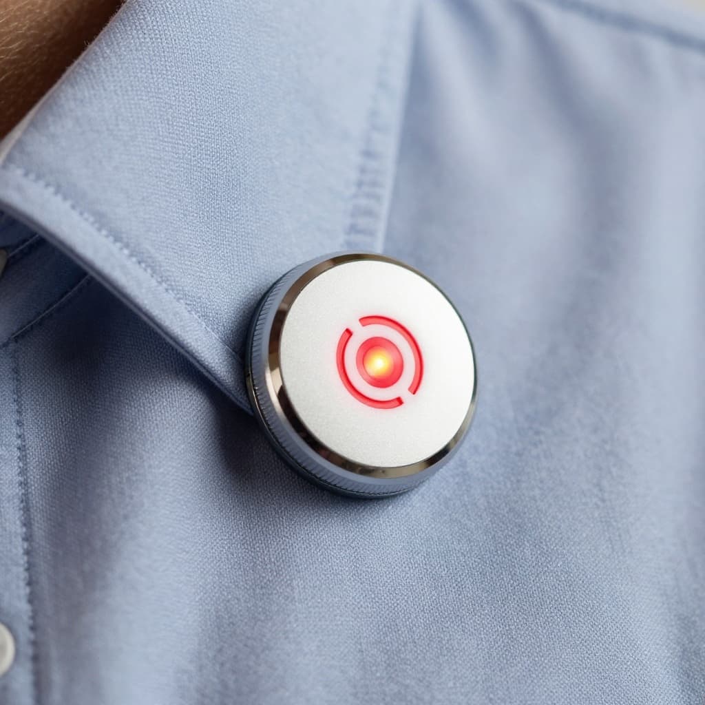 Close-up macro shot of a wearable AI pin's privacy indicator on clothing, displaying a red LED light signaling active recording and a nearby mute button, with aluminum and glass materials on a fabric shirt collar background.