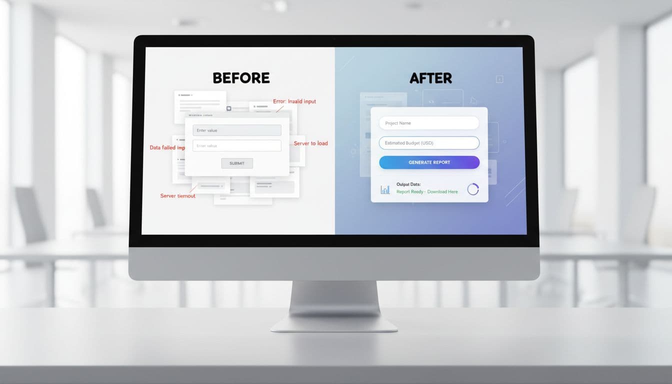 Photo-realistic split-screen comparison on a computer monitor showing a rough, cluttered 'Before' web app interface versus a polished, modern 'After' SaaS-style design with smooth inputs and professional layout.