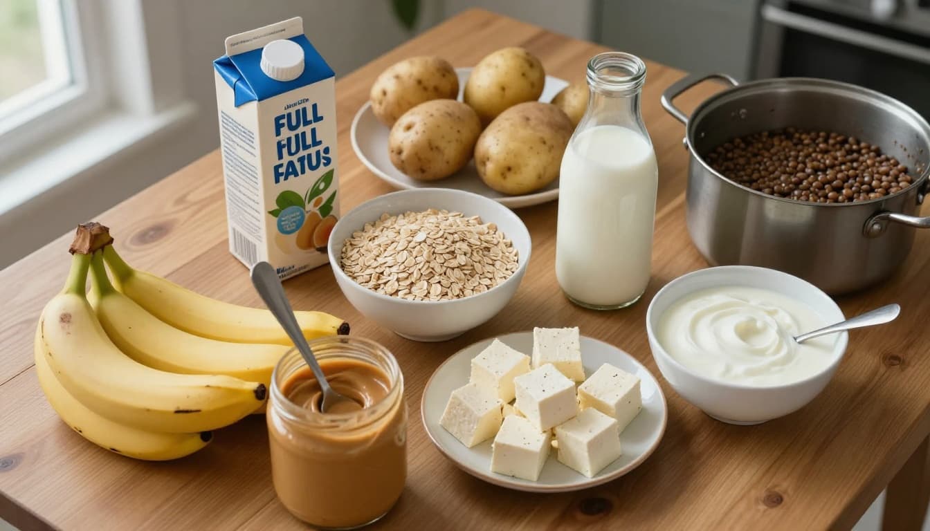 Photorealistic top-down view of a wooden kitchen table set for weight gain meal prep, with ripe bananas, peanut butter, rolled oats, full-fat milk, paneer cubes, whole potatoes, thick yogurt, and cooked lentils in bright natural daylight.