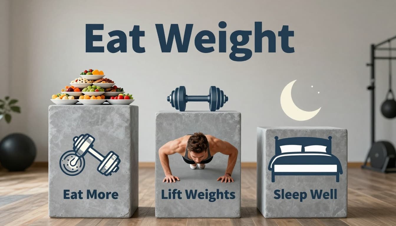 Photorealistic infographic showing three key pillars for weight gain: Eat More with piled food plates, Lift Weights with dumbbells and pushups, and Sleep Well with a bed and moon, in a motivational gym setting.