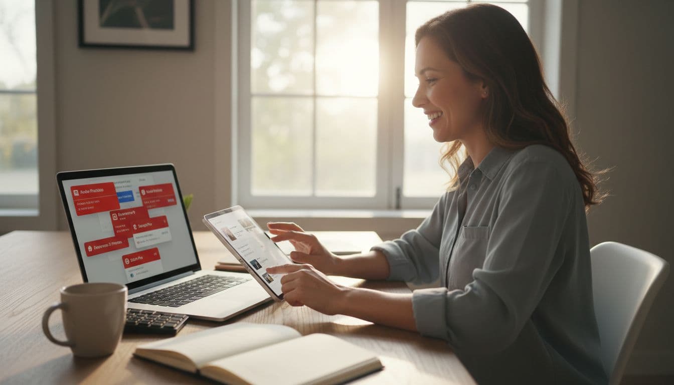 A photo-realistic image of a mid-30s professional woman in a bright home office, shifting from frustration at laptop subscription notifications to relief while using a free AI tools dashboard on her tablet.