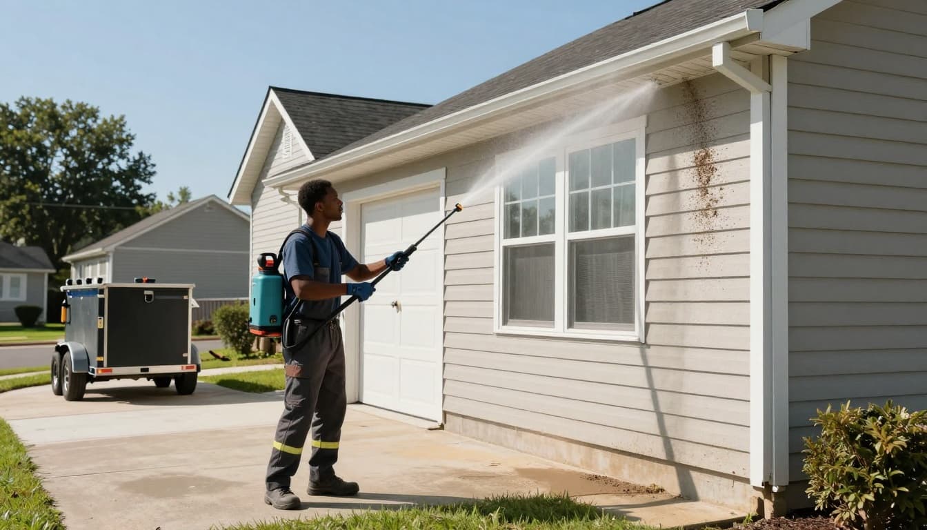 Realistic photo of a worker using low-pressure equipment to softwash a suburban house exterior, cleaning siding and roof with visible pre-cleaning dirt.
