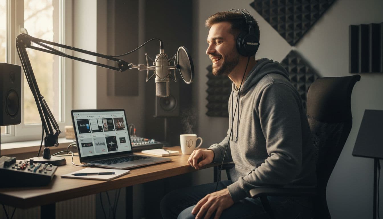 Creator recording a podcast in a home studio
