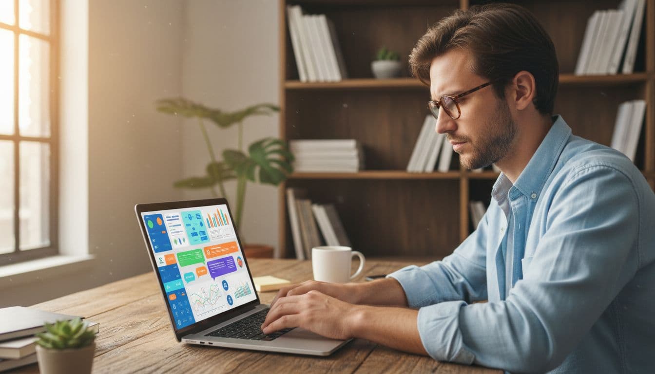Photorealistic image of a young entrepreneur in glasses and casual shirt, thoughtfully typing on a laptop displaying colorful AI chat interfaces and dashboards in a cozy home office with natural daylight, bookshelves, coffee mug, and plants.