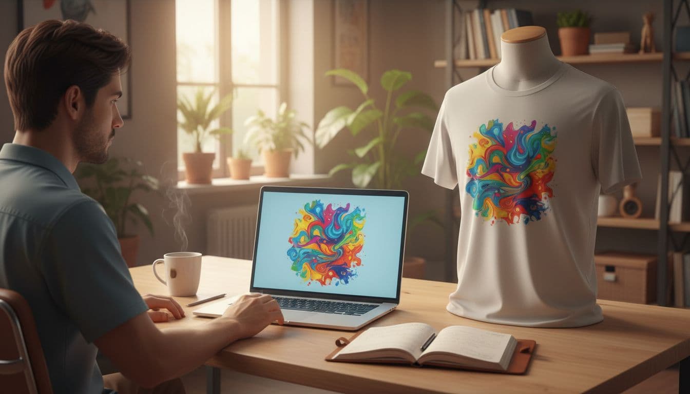 Photo-realistic scene of a young entrepreneur in a cozy home office, focused on a laptop displaying an AI-generated t-shirt design preview, with a physical mockup nearby.