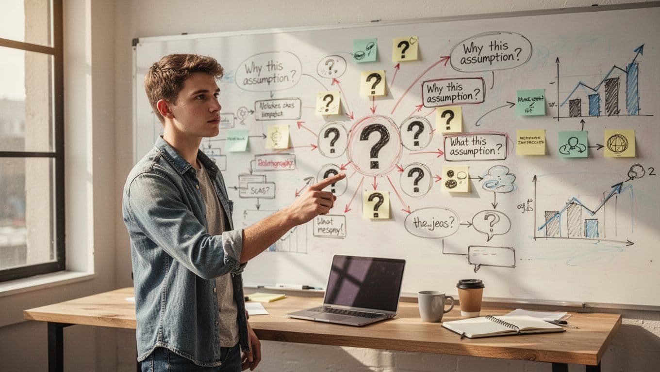 In a bright modern office, a young entrepreneur in casual business attire thoughtfully points at a cluster of question marks on a whiteboard filled with business charts, flowcharts, and sticky notes challenging assumptions. Warm natural daylight creates a motivational yet introspective mood with high detail on expressions and whiteboard elements.