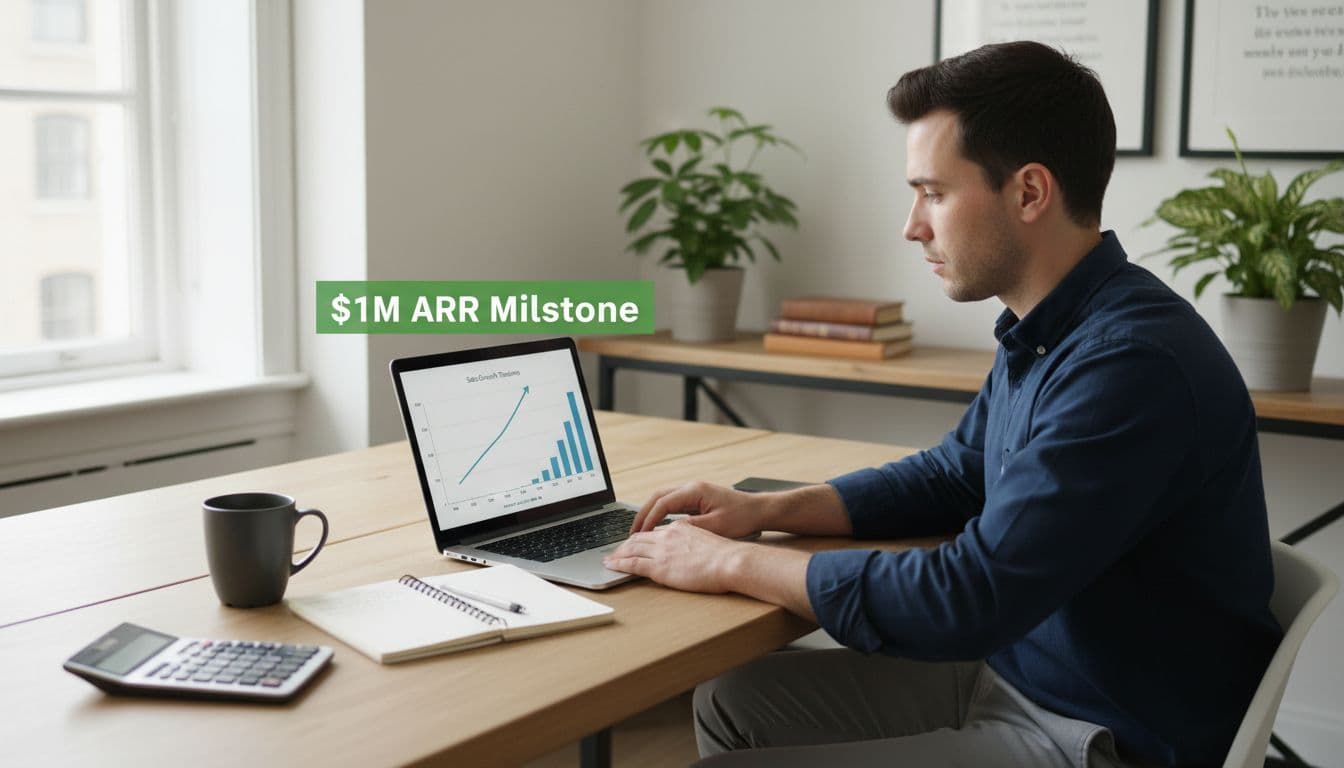 Photo-realistic image of a young entrepreneur at a modern wooden desk in a home office, focused on a laptop screen displaying revenue charts and SaaS growth timelines to $1M ARR, with coffee mug, notebook, calculator, and natural daylight.