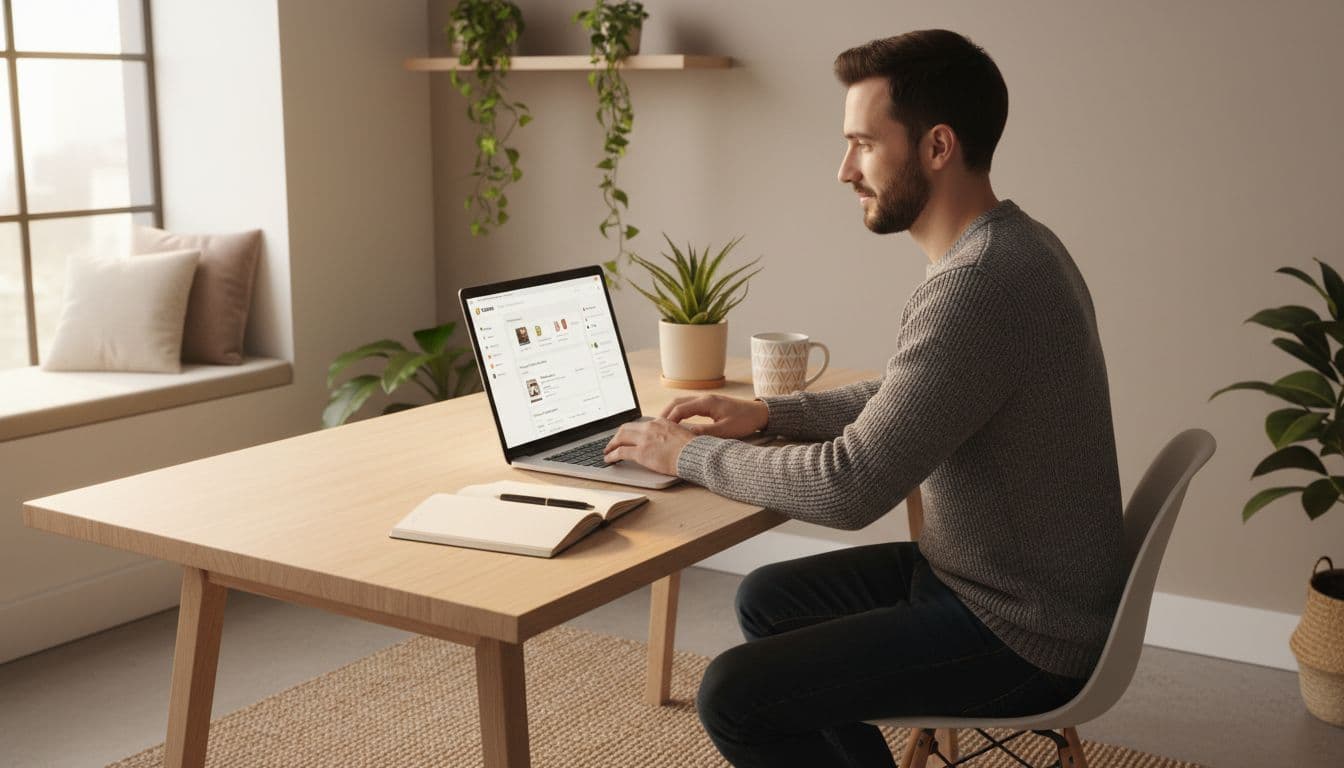 A realistic photo of a young entrepreneur sitting at a modern wooden desk in a bright home office, typing on a laptop with a Shopify store builder interface visible on the screen, surrounded by coffee mug, notebook, plants, and natural daylight.