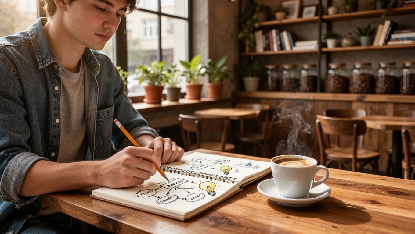 A young entrepreneur in casual clothes sits alone at a wooden table in a cozy daytime cafe, sketching simple business ideas like flowcharts and lightbulbs in a spiral notebook beside a steaming cup of coffee. Soft natural light from a large window illuminates the scene, with a blurred cafe background featuring wooden shelves, books, plants, and empty chairs.