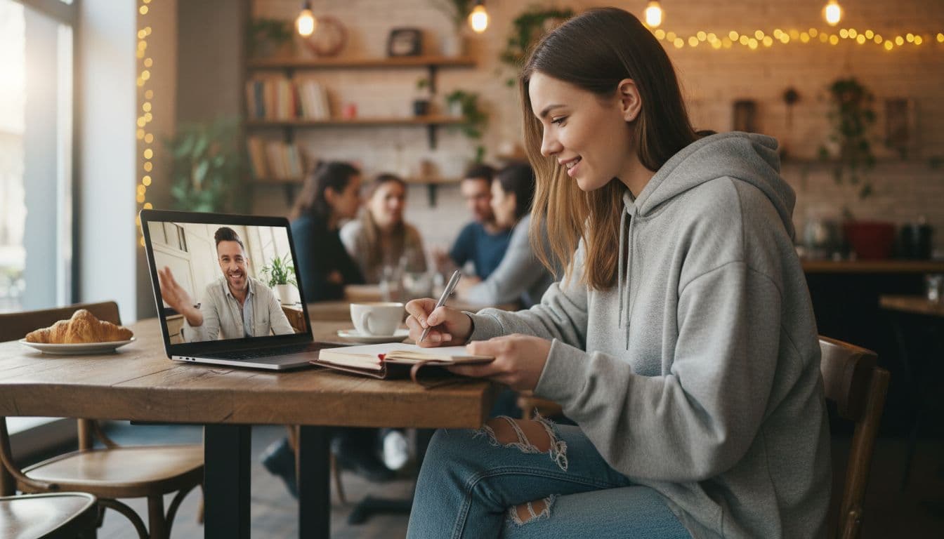 Candid photo-realistic image of a young founder in casual clothes interviewing a customer via video call on a laptop in a cozy coffee shop, taking notes with warm lighting and relaxed atmosphere.