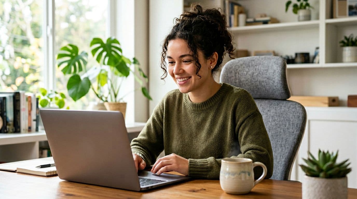 Young professional in a bright home office using AI chat on laptop — everyday fast model usage