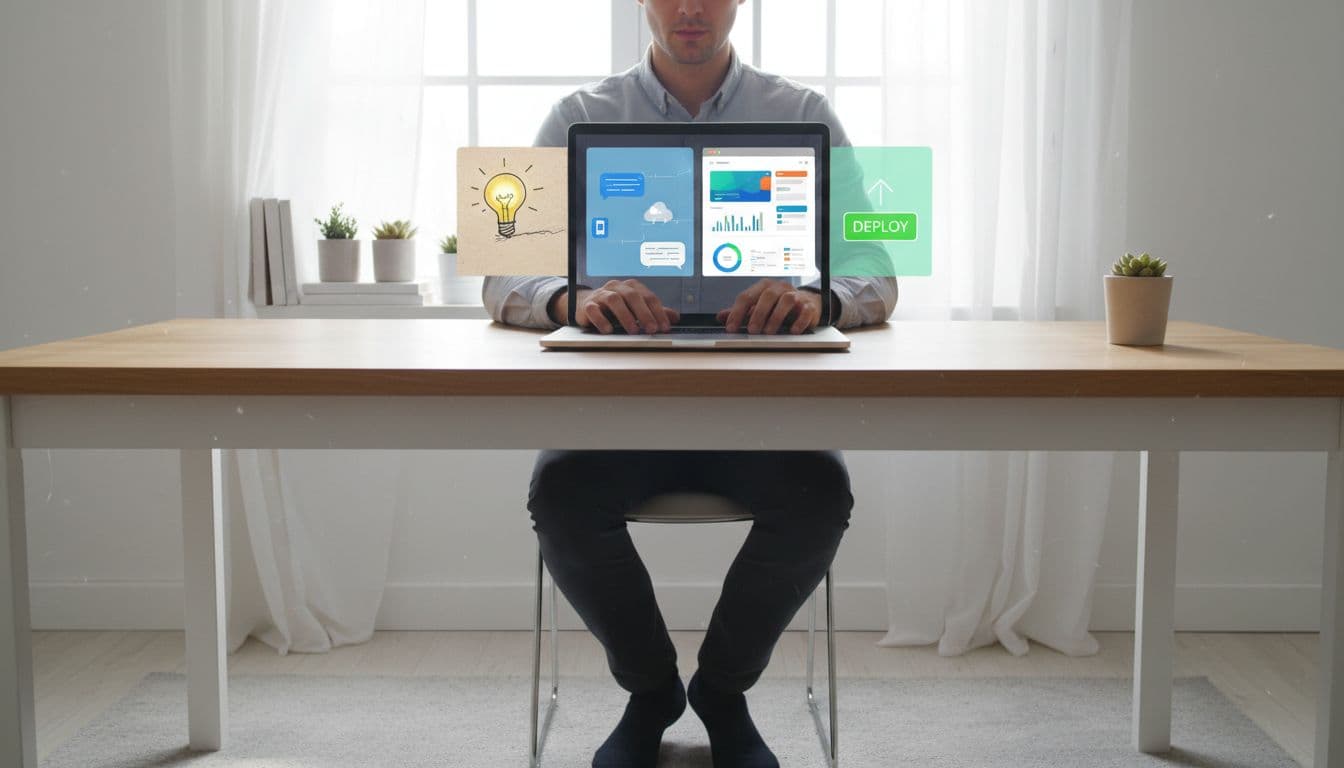 Photorealistic image of a young professional in a bright home office typing on a laptop that displays a workflow from hand-drawn lightbulb idea sketch, chat app concept, dashboard preview, to green deploy button.