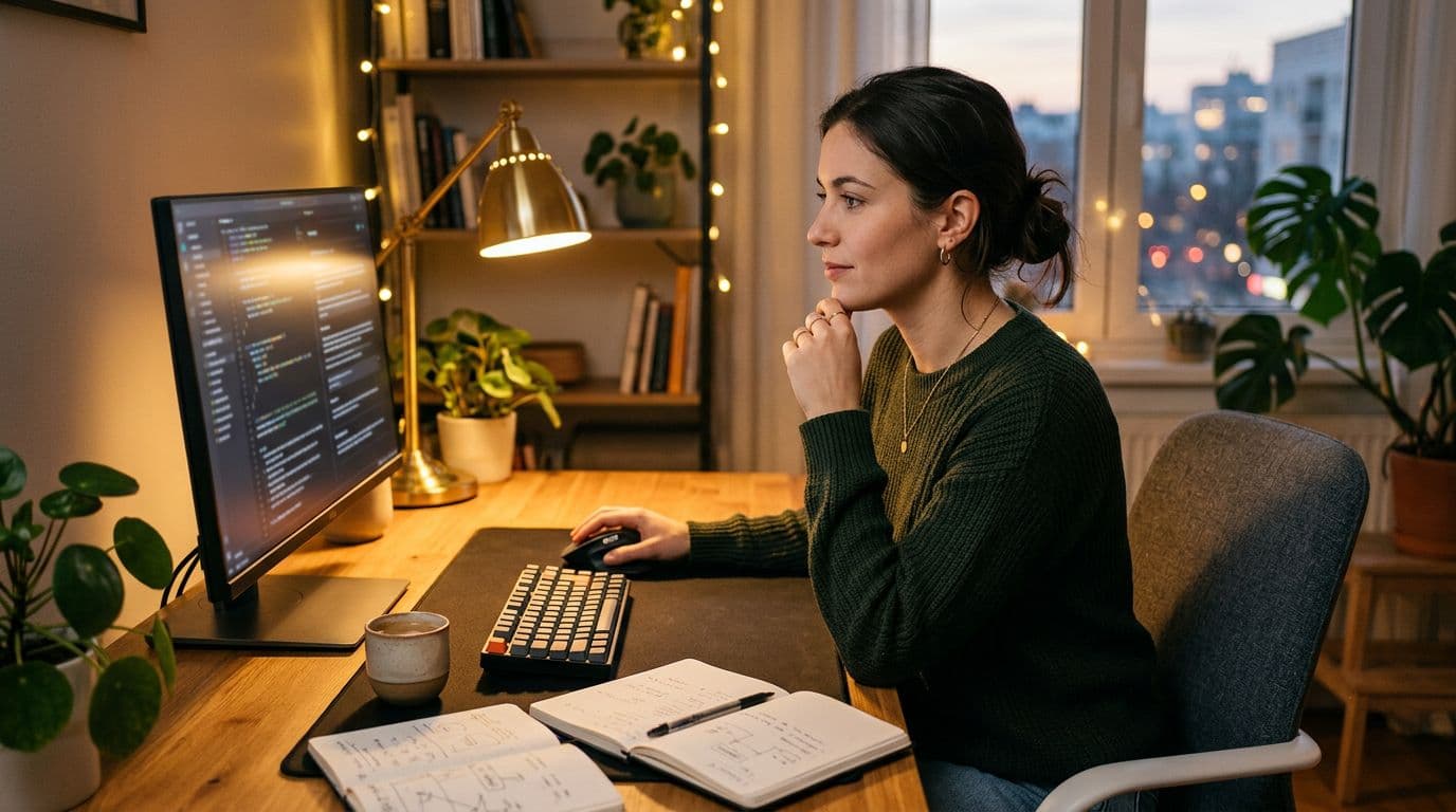 A young professional in a relaxed pose at a home desk, learning AI skills on a computer with notebooks and screen prompts visible at an angle. Cozy evening setting illuminated by lamp light, photorealistic landscape image with exactly one person.