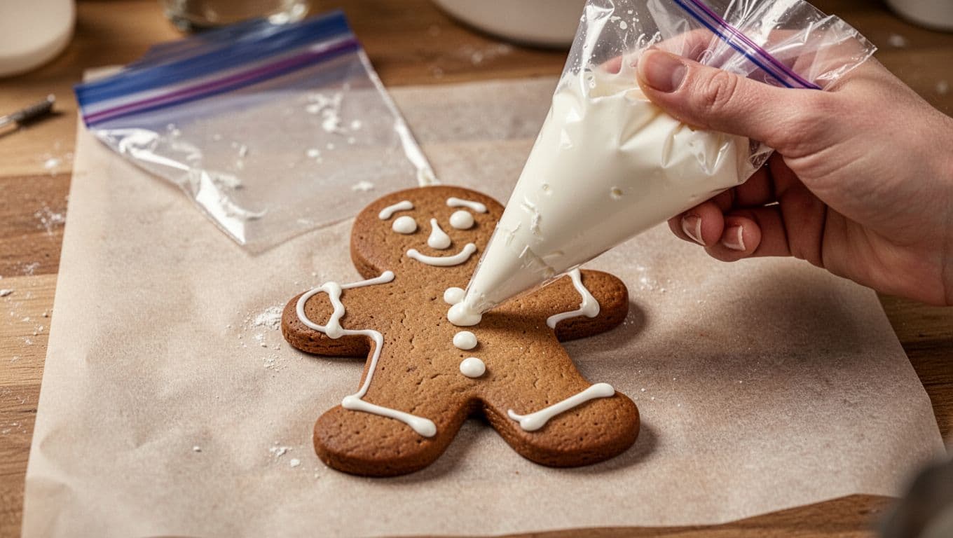 Close-up of a clear zip-top plastic bag filled with white icing, used as a piping bag to add eyes, nose, mouth, and buttons to a gingerbread man cookie on parchment paper. A hand holds the bag relaxed, in a warm, cozy kitchen baking scene with realistic, appetizing details.
