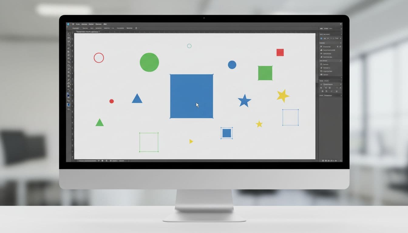 Screenshot-style view of Adobe Illustrator workspace with Magic Wand tool active, clicking on a blue filled shape to select several other blue shapes on the artboard amid simple geometric icons.