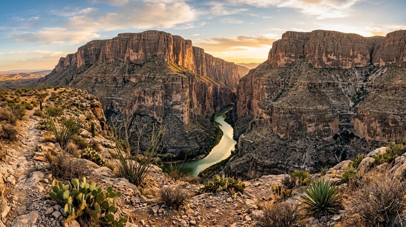 Towering limestone cliffs of Santa Elena Canyon along the Rio Grande River in Big Bend National Park, Texas, with golden hour sunlight highlighting the river and rock layers from the overlook trail in a wide landscape composition.
