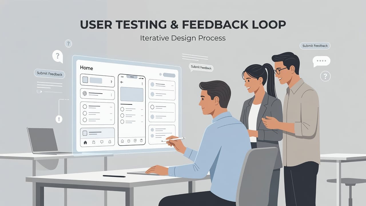A researcher examines a clean, minimalist digital interface on a screen while observing user feedback. Geometric shapes and neutral tones create a professional environment focused on improving software usability and design.